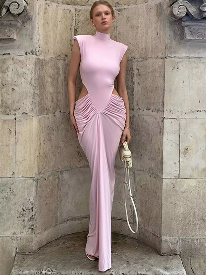 Pink Cutout Maxi Dress Women Summer Elegant High Neck Sleeveless Ruched Waist Bodycon Club Party Evening Long Dresses