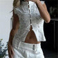 Women Chic Hollow Lace Waist Cinched Tank Shirt Elegant Slim See Through Single Breasted Frogs Top Summer Streetwear
