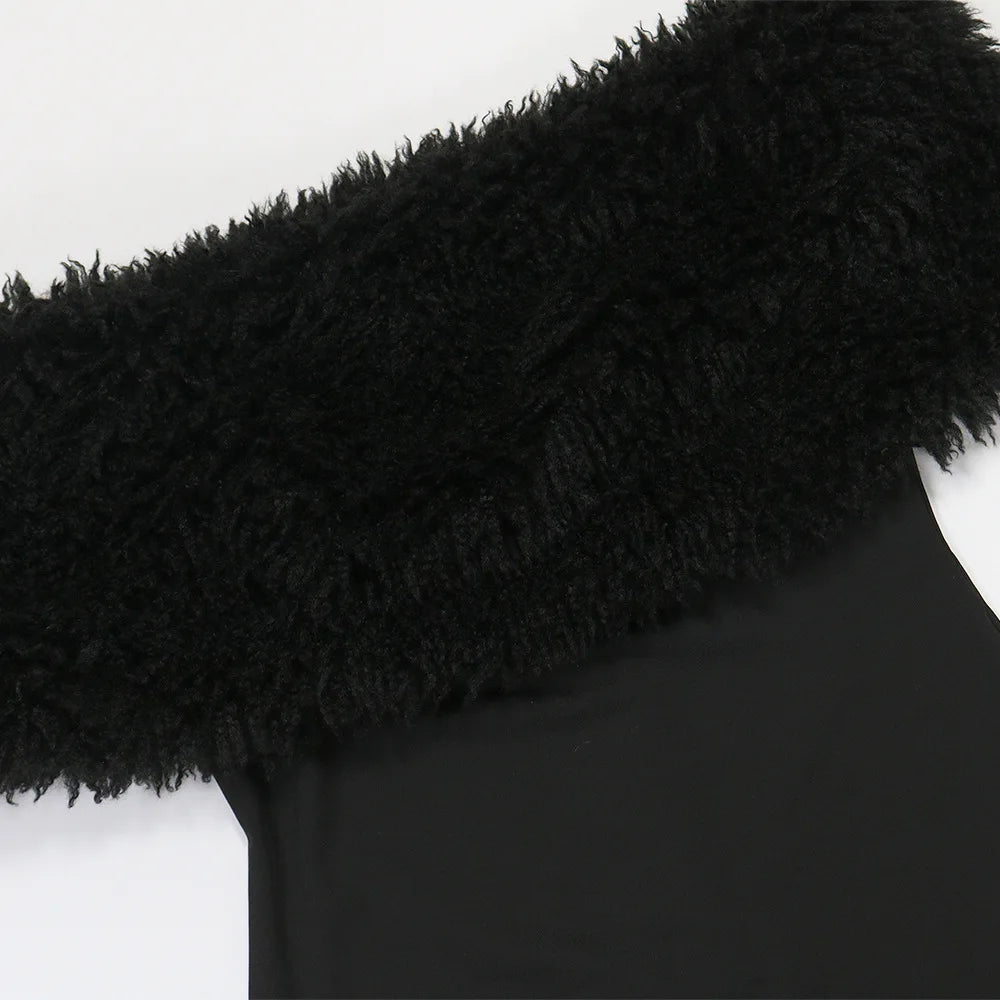 Furry Slash Neck Jumpsuit Women Skinny Fitness Fall Trend Hipster Fitness Elegant Stretch Streetwear Workout Overalls