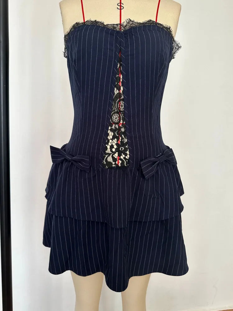 Lace Off-shoulder Ruffle Sexy Mini Dress Women Summer Fashion Striped Hollow Out Strapless High Waist Club Party Dress
