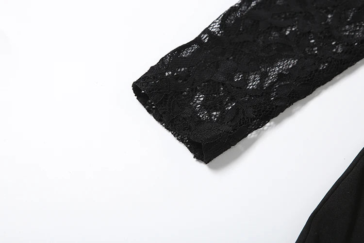 Lace Patchwork Maxi Dress Women Turtleneck Full Sleeve Skinny Folds Zipper Sexy Midnight Fashion Prom Party Chic Vestidos