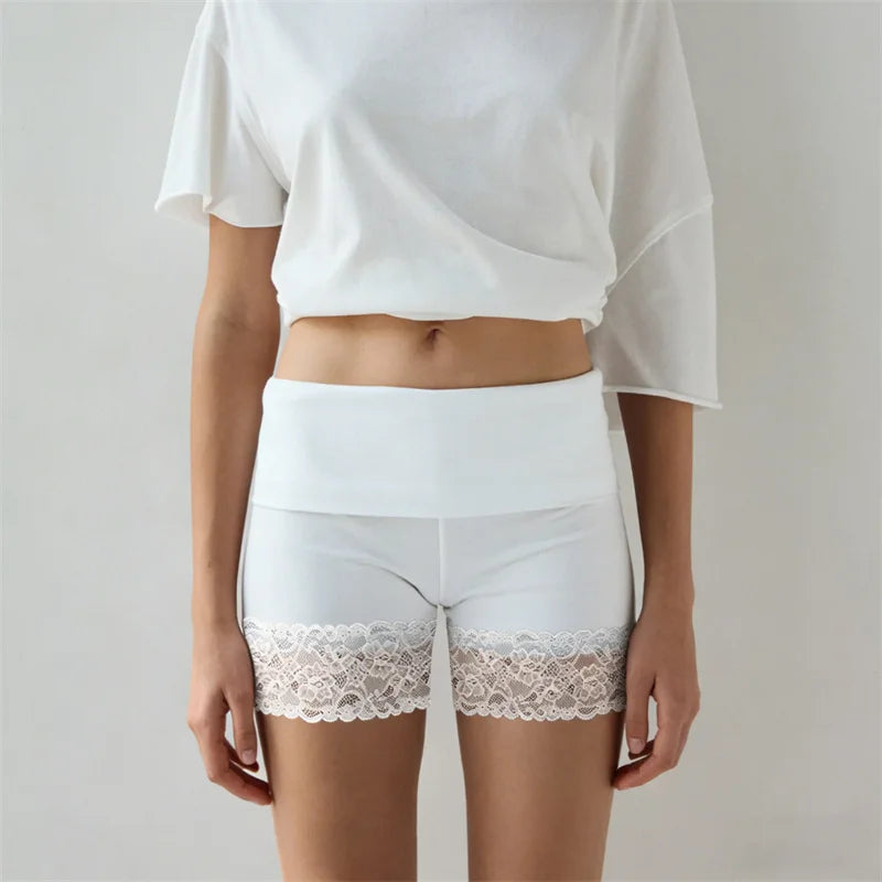 Chic Y2K Style Fold Over Waist Lace Trim Biker Shorts for Women Solid Color Soft Safety Shorts Casual Daily Loungewear