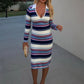 Stripe Patchwork Knit Dress Women Skinny Long Sleeve Lapel V-Neck Sexy Stretchy Skinny Peach Hip Commute Mid Bodycon