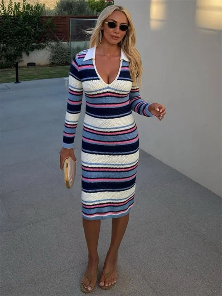 Stripe Patchwork Knit Dress Women Skinny Long Sleeve Lapel V-Neck Sexy Stretchy Skinny Peach Hip Commute Mid Bodycon