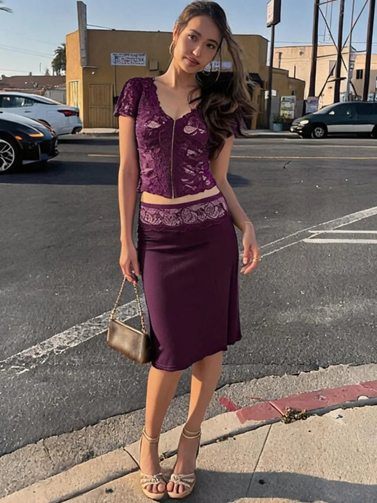 Women 2 Piece Set Lace Short Sleeve Crop Top Midi Skirt Set V Neck Bodycon Skirt Suit Evening Club Party Matching Sets