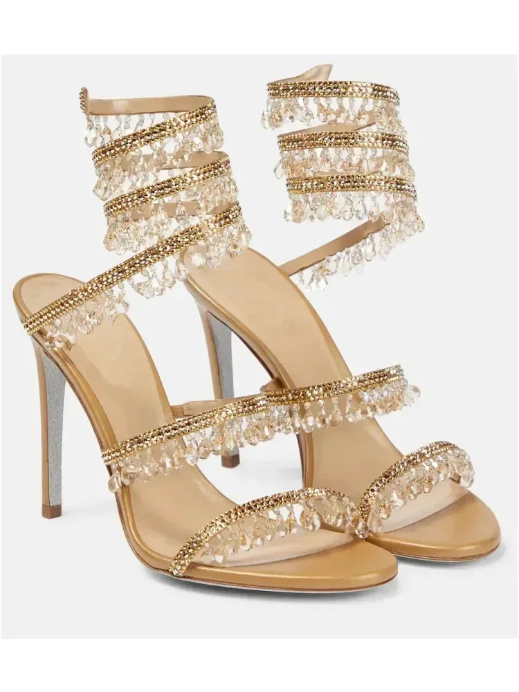 Women's New Water Diamond Sandals Fashion Tassel Crystal Shoes Sexy Banquet Party Twin Stiletto Women's Large Sandals