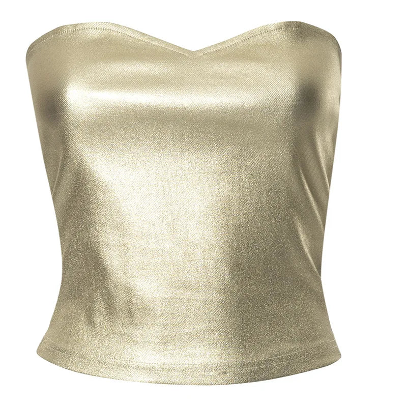 Y2k Streetwear Metallic Tube Top Gold Silver Black Vintage Sexy Crop Tops Women Clubbing Outfits