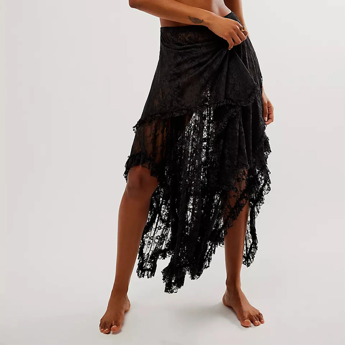 Floral Lace Long Skirt for Women Y2K Elastic Waist Asymmetrical Layered Maxi Skirt Sexy See Through Flowy Beach Skirt