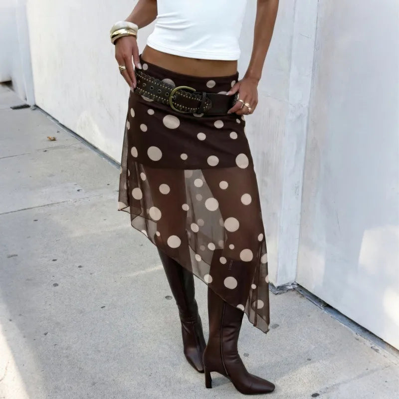 Polka Dot Print Mesh Sheer Brown Black Skirts for Woman Low Rise Asymmetrical Midi Skirt Y2k Clothes