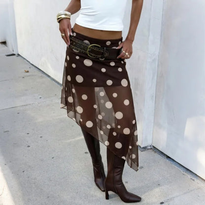 Polka Dot Print Mesh Sheer Brown Black Skirts for Woman Low Rise Asymmetrical Midi Skirt Y2k Clothes