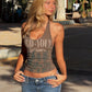 Hottie Letter Print Tank Top Women Autumn Trend Backless Haler Low-Neck Metal Hollow Patchwork Fashion Street Vest