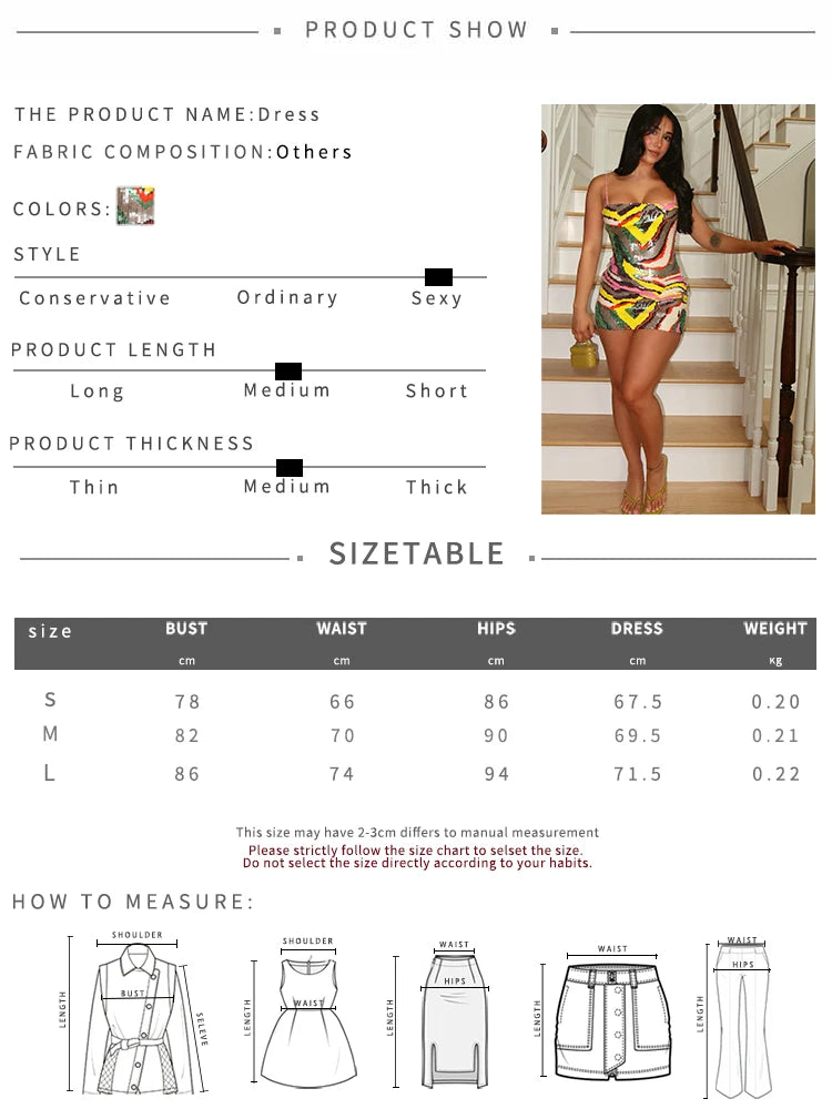 Sequin Patchwork Sling Dress Woman Colorful Print Low-Neck Backless Skinny Peach Hip Evening Party Sexy Mini Bodycon