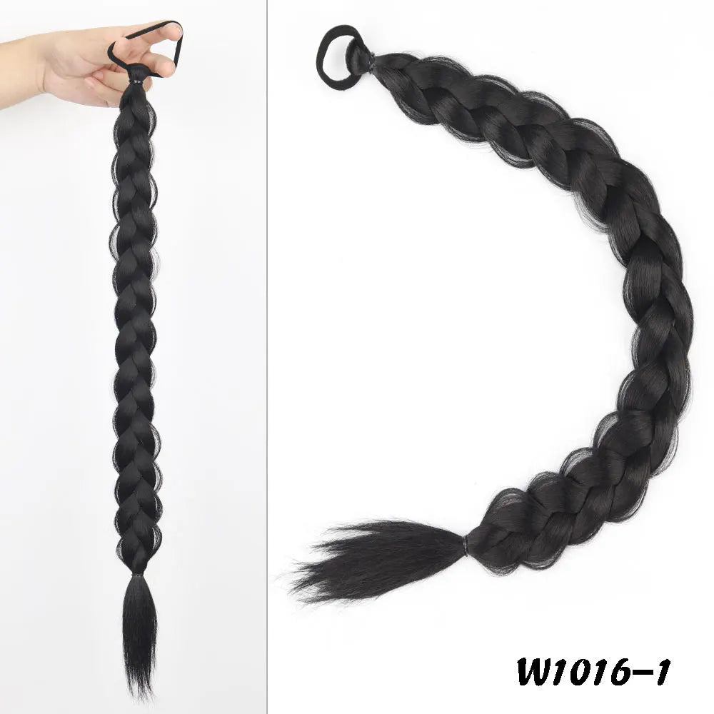 24inches Synthetic Long Braided Ponytail Hair Extensions for Women Black Brown Pony Tail with Hair Rope High Temperature Fiber