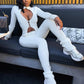 Simple Tracksuits 2-Piece Set Women Chest Hollow Long Sleeve Cardigan+Zip Pants Marching Stretch Skinny Sexy Clubwear