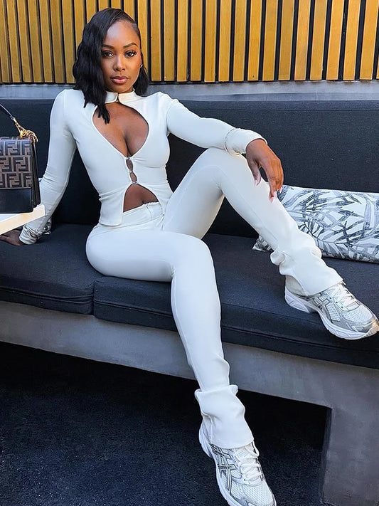 Simple Tracksuits 2-Piece Set Women Chest Hollow Long Sleeve Cardigan+Zip Pants Marching Stretch Skinny Sexy Clubwear