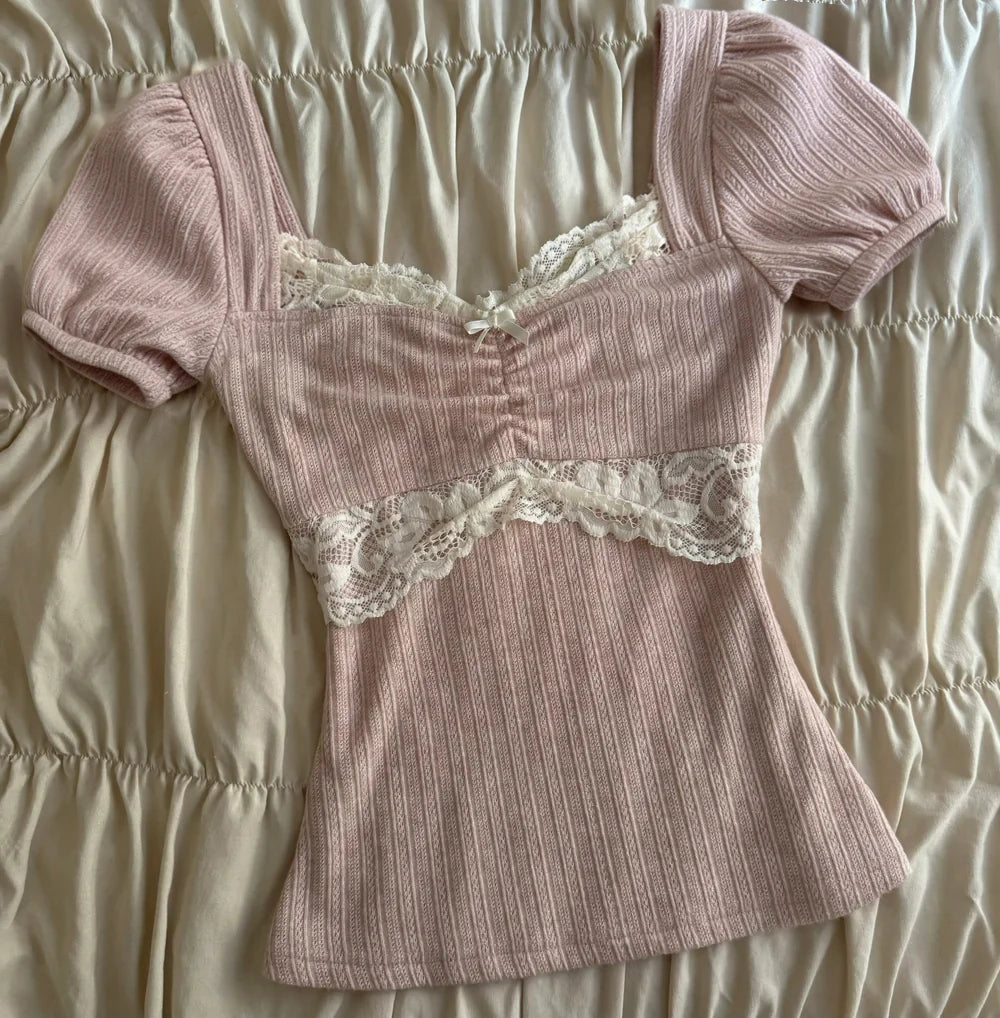 Women Summer Lace Patchwork Coquette Shirt Short Sleeve Y2k Grunge Tops Ribbed Knit Slim Fit 2000s Aesthetic Clothes