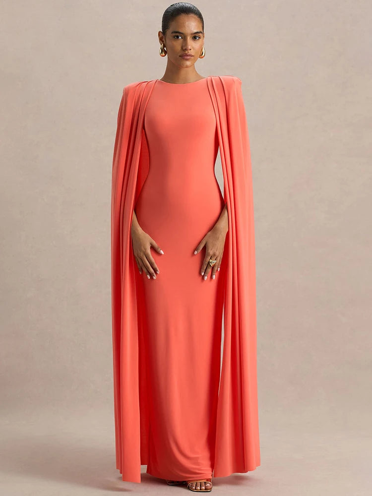 Cape Sleeve Sexy Maxi Dress Women Gown Elegant Fashion Zipper O Neck High Waist Split Club Party Long Dresses Female