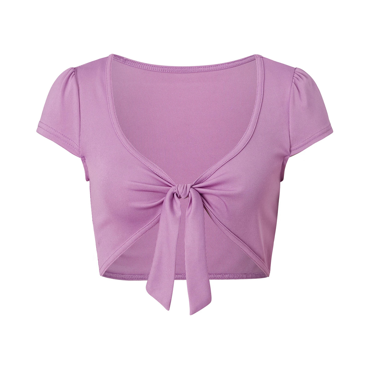 Women Front Tie Knot Cropped T Shirt V Neck Puff Short Sleeve Slim Fit Solid Plaid Crop Top Vintage Summer Casual Blouse