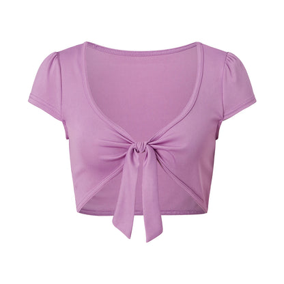 Women Front Tie Knot Cropped T Shirt V Neck Puff Short Sleeve Slim Fit Solid Plaid Crop Top Vintage Summer Casual Blouse