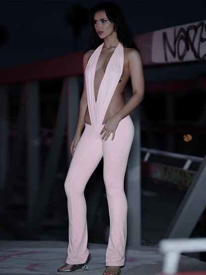 Irregular Hollow Sexy Jumpsuits Women Bandage Halter Deep V-Neck Backless Skinny Stretch Hot Girls Hipster Streetwear