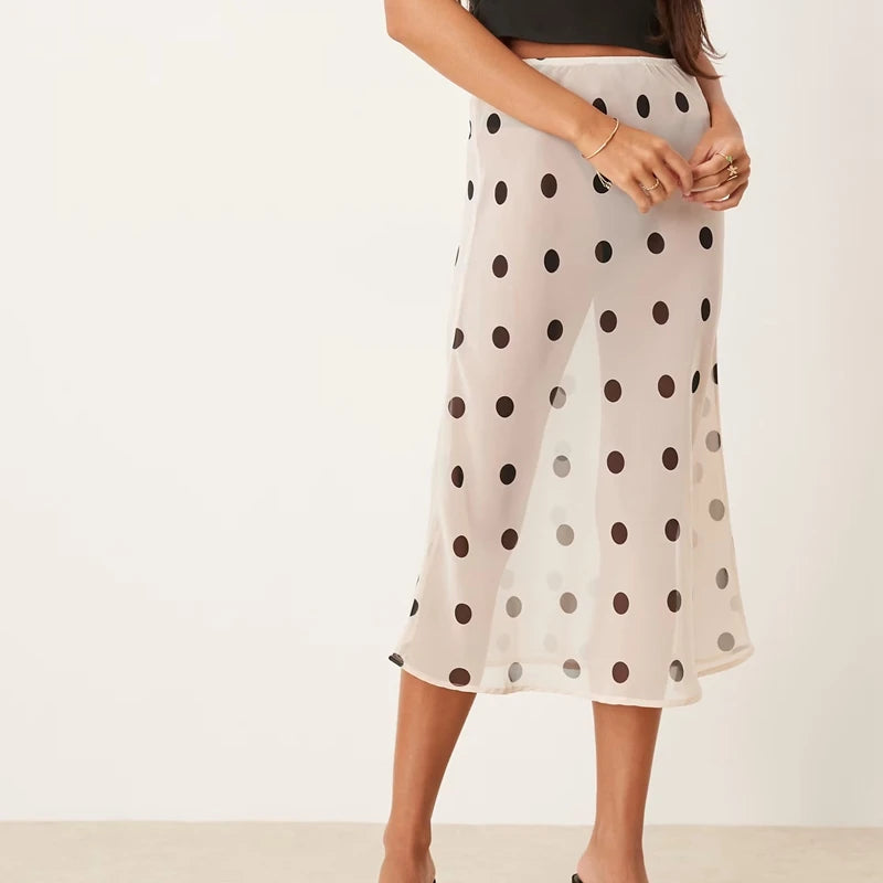 Women Polka Dot Sheer Midi Skirt Sexy See Through Low Rise Long Skirt Flowy Mesh Cover Up Maxi Skirts Beachwear