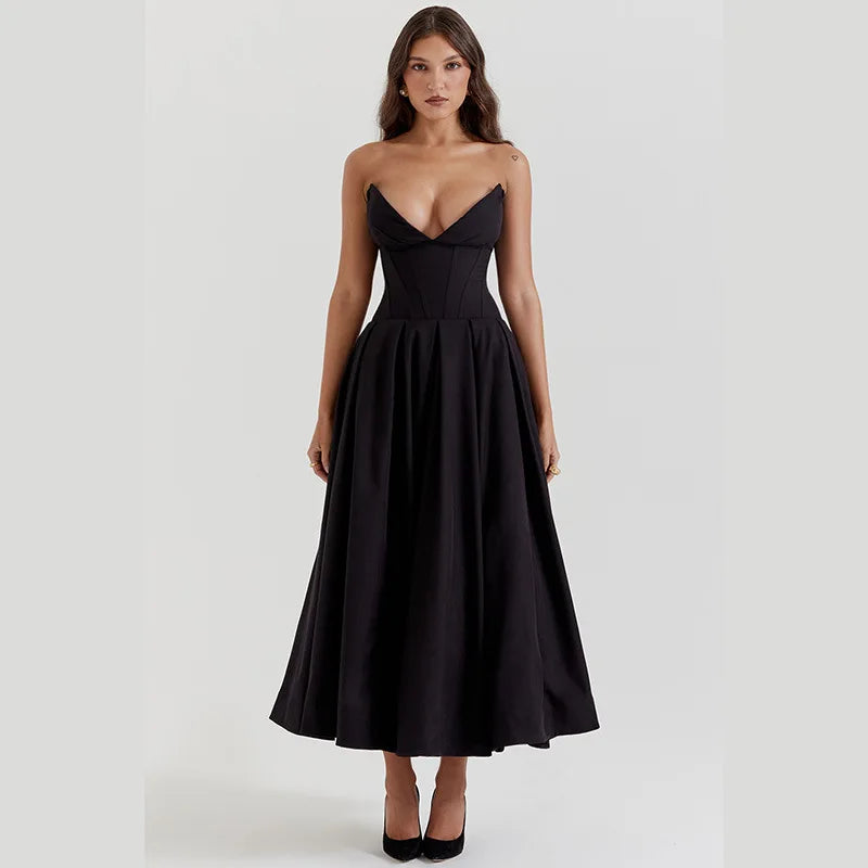 Deep V Fishbone Corset Maxi Long Dress Princess Vintage Black Party Evening Dresses Woman Elegant Sexy Outfit