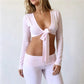 Y2K Women Deep V Neck Front Tie Knot Crop Top Long Sleeve Slim Fit Solid Cropped Blouse Casual Street Going Out Top