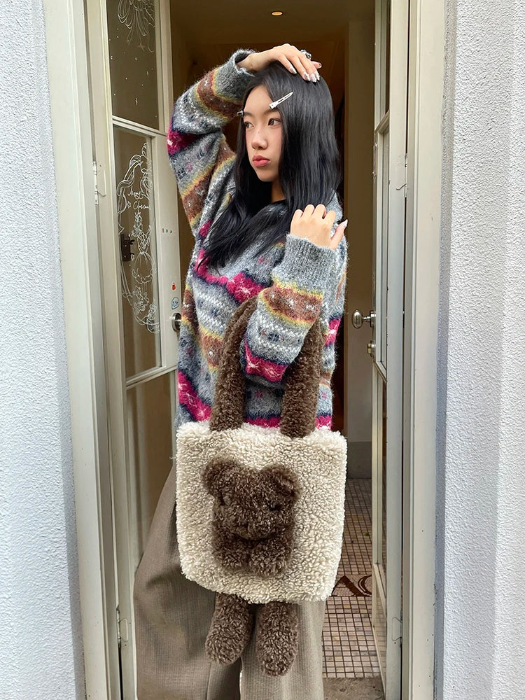Y2K Cute Lambswool 3D Bear Soft Warm Shoulder Bag For Women