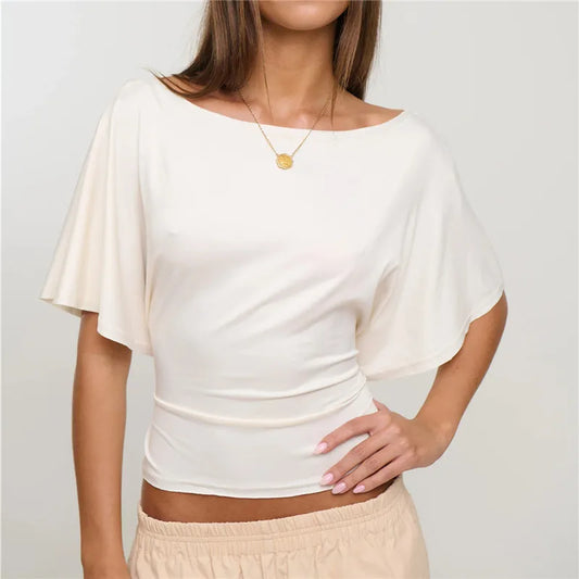 Women Boat Neck Off Shoulder Flutter Short Sleeve Crop Top Back Self Tie Wrap Waist Slim Ruched Y2K Casual Blouse