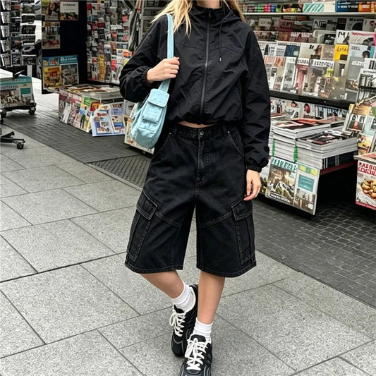Women Vintage Multi Pockets Cargo Bermuda Denim Shorts Loose Straight Knee Length Streetwear Casual Workwear Shorts