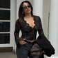 See Through Lace Shirts & Blouses Sexy Black Deep V Neck Long Sleeve Crop Top Woman 2025 Fall Clothes