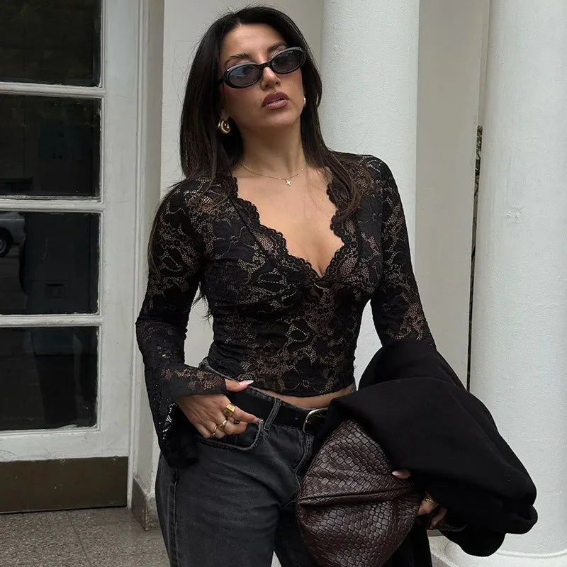 See Through Lace Shirts & Blouses Sexy Black Deep V Neck Long Sleeve Crop Top Woman 2025 Fall Clothes