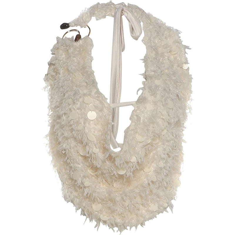 High Street Furry Tassel Decoration Tank Tops Woman Halter Swing Collar Backless Summer Fashion Vests