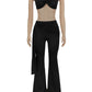 Ruched 2 Piece Set Women Sexy Halter Backless Bra+Metal Casp Ribbon Flared Pants Matching Party Club Stretch Outfits
