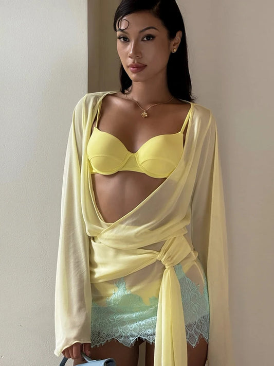 Vacation 2 Piece Set Women Deep V-Neck Ruched See Through Dress+Jacquard Patchwork Swing Suits Sexy Party Clubwear
