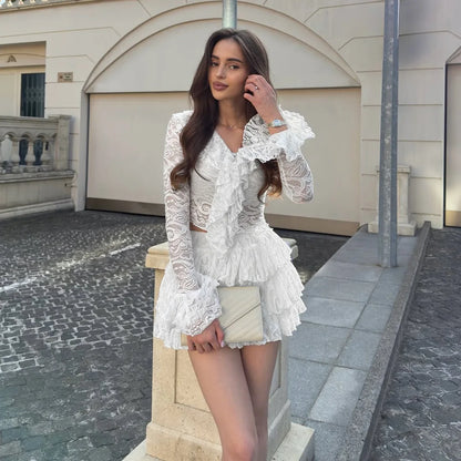 Ruched Elegant 2 Piece Set Women Jacquard V-Neck Ruffles Ribbon Flared Sleeve Tops+Tierred Skirts Y2K Style Outfits