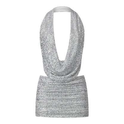 Women Sequin 2 Piece Outfit Sparkly Sexy Bodycon Sleeveless Halter Crop Top Split Mini Skirt Set Going Out Club Suit