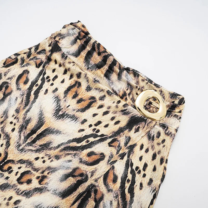 Leopard Print Halter Top and Split Long Skirt Suit Two Piece Set Sexy Outfits Women Club Dress