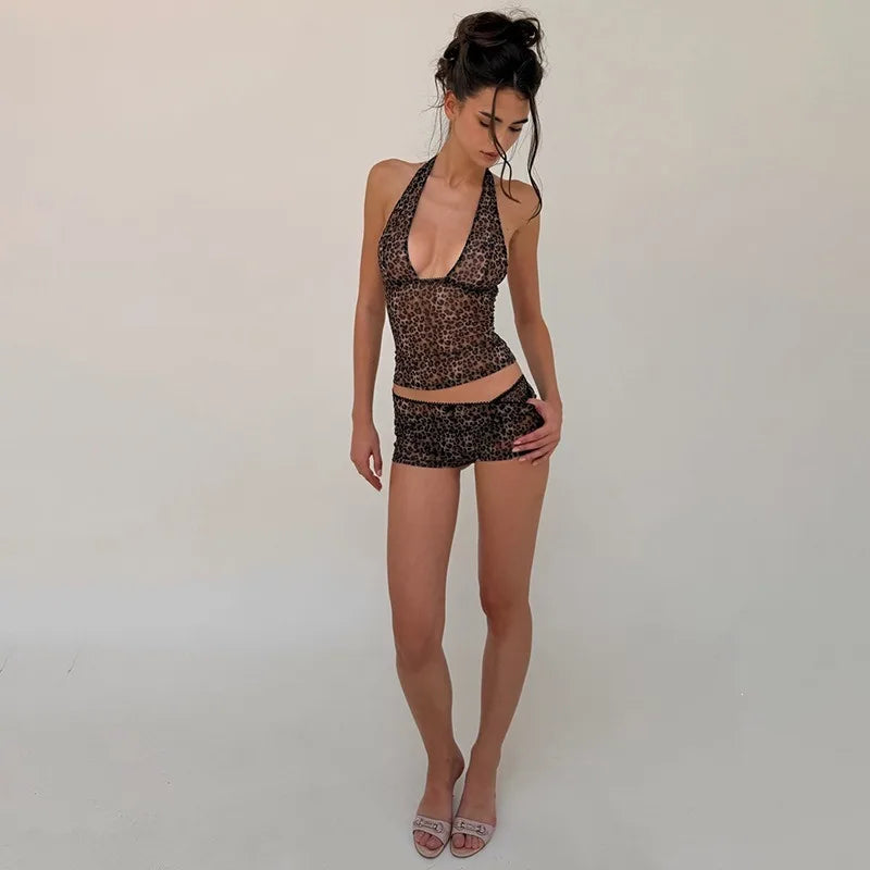 Leopard Print Mesh Sheer 2 Piece Sets Halter Top and Low-rise Shorts Matching Sets Sexy Womens Outfit