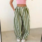 Women Vertical Striped Balloon Pants Elastic High Waist Double Button Loose Baggy Wide Leg Casual Trousers With Pockets