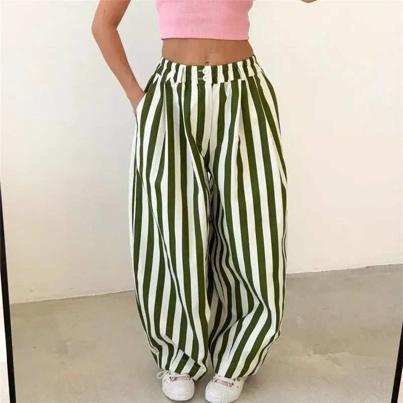 Women Vertical Striped Balloon Pants Elastic High Waist Double Button Loose Baggy Wide Leg Casual Trousers With Pockets