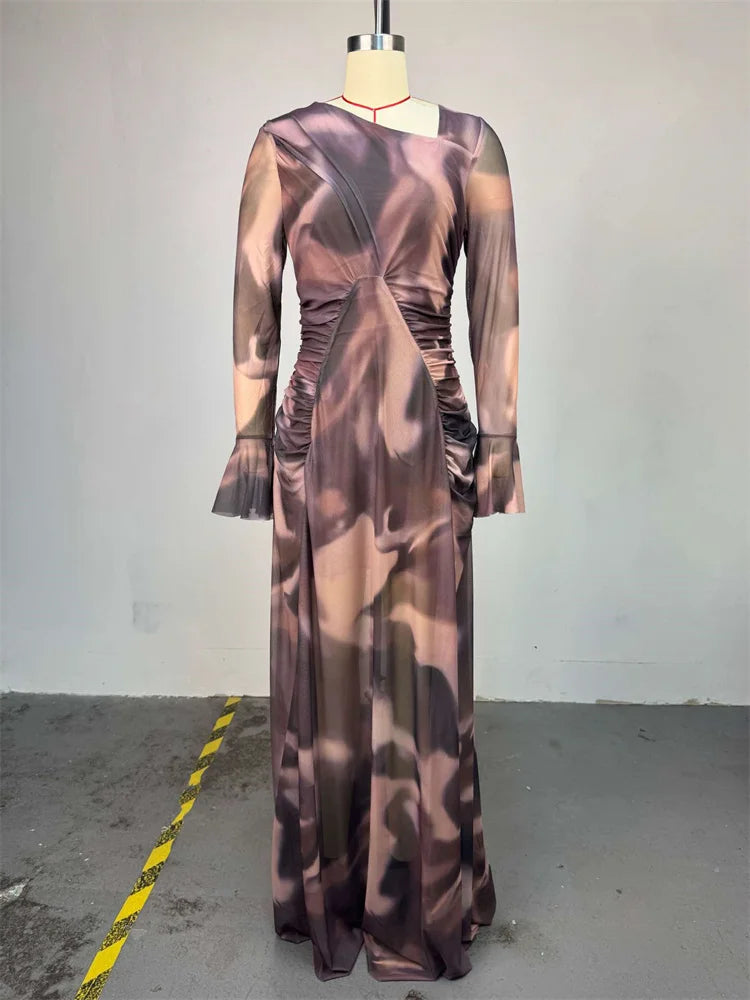 Sexy Tie Dye Dress Women Patchwork Mesh Ruched Flared Long Sleeve Stretch Tight Midnight Party Street Long Bodycon