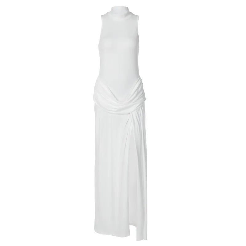 Sleeveless Ruched Split Long Dresses Elegant White Party Dresses Sexy Outfits Women