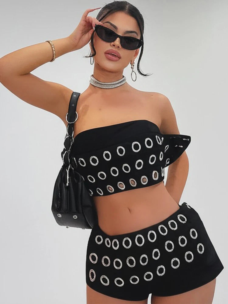 Hollow Metal Women 2 Piece Set Hipster Luxury Strapless Tops+Shorts Matching Streetwear Skinny Hipster Slim Outfits