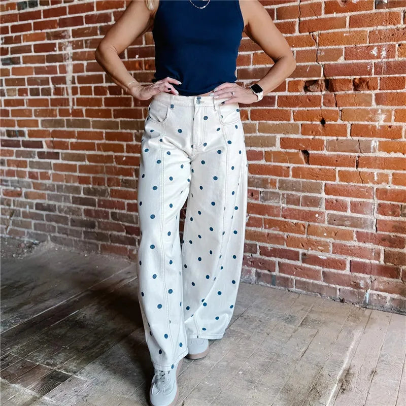 Polka Dot Jeans Women Y2K Print High Waisted Wide Leg Denim Pants Vintage Stretchy Boyfriend Jeans 90s 00s Streetwear