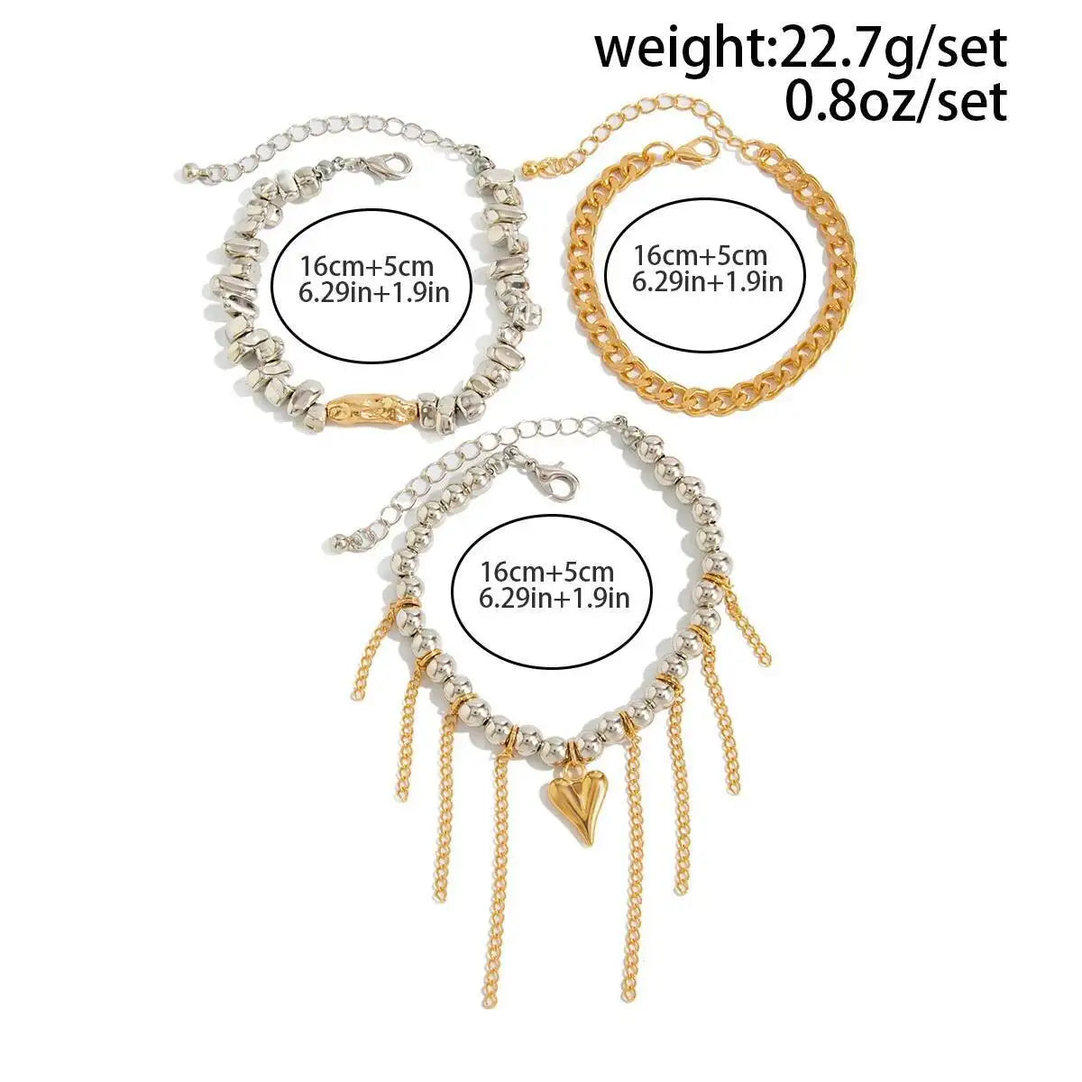 3Pcs/Set Trend Triangle Peach Heart Tassel Pendant Bracelets Women Adjustable Bead Metal Chain Wedding Bridal Jewelry