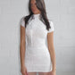 Jacquard Shirring Dress Women See Through Sexy Elegant Chic Y2K Shorts Sleeve Peach Hip Simple Fashion Mini Bodycon