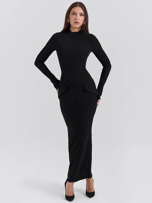 Black Long Sleeve Sexy Maxi Dress For Women Autumn Winter New O Neck Two Pocket Back Split Bodycon Long Dress Elegant