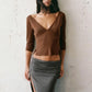 Women Solid Ruched Bust V Neck 3/4 Sleeve Crop Top Low Cut Off Shoulder Slim Fit T Shirt Y2K Aesthetic Casual Streetwear