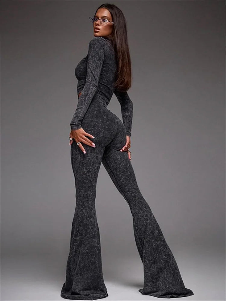 Sexy Fashion 2 Piece Set Women Zip Cardigan Crop Tops+Skinny Straight Flared Pants Hot Girls Street Hipster Outfits